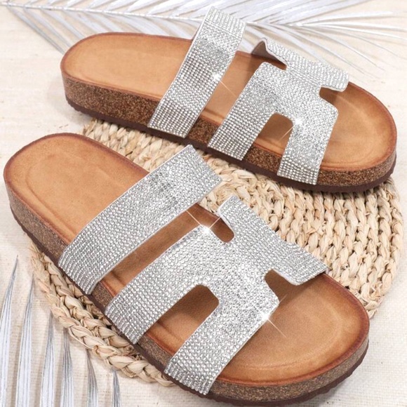 Silver Slide Flat Sandals with Rhinestones - Picture 3 of 5